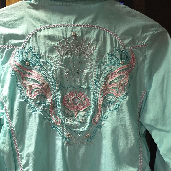 Roar Aqua Embroidered Button-Down Rodeo Shirt Small - Picture 6 of 6
